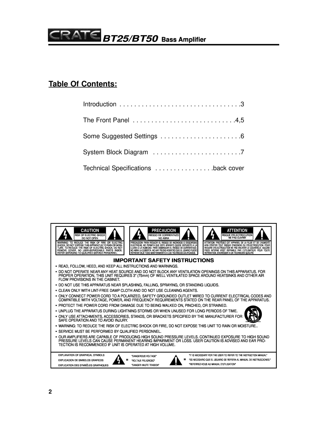 Crate Amplifiers bt25/bt50 manual Table Of Contents, BT25/BT50 Bass Amplifier, Important Safety Instructions, Precaucion 