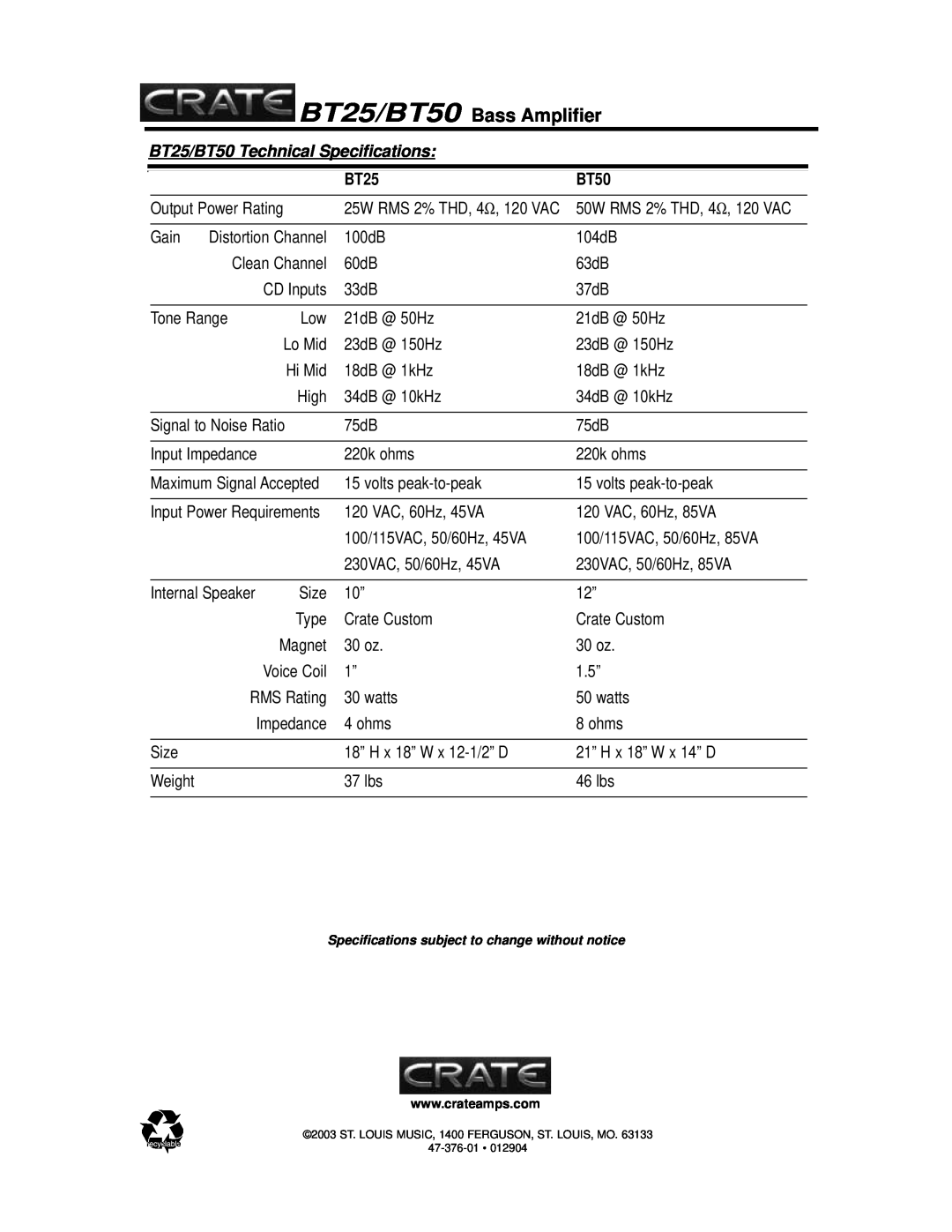 Crate Amplifiers bt25/bt50, crate bass amplifier manual BT25/BT50 Bass Amplifier, BT25/BT50 Technical Specifications 