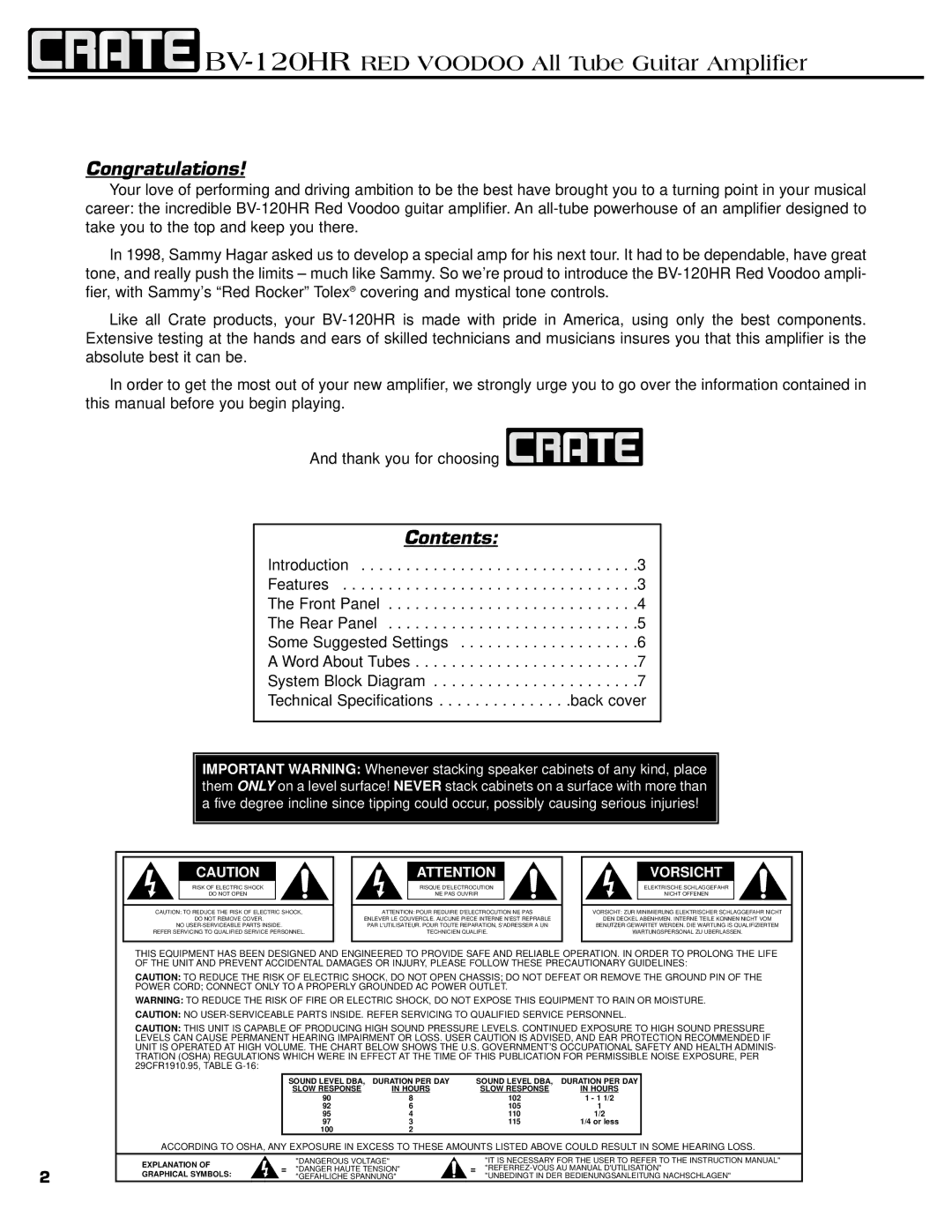 Crate Amplifiers BV-120HR manual Congratulations, Contents 