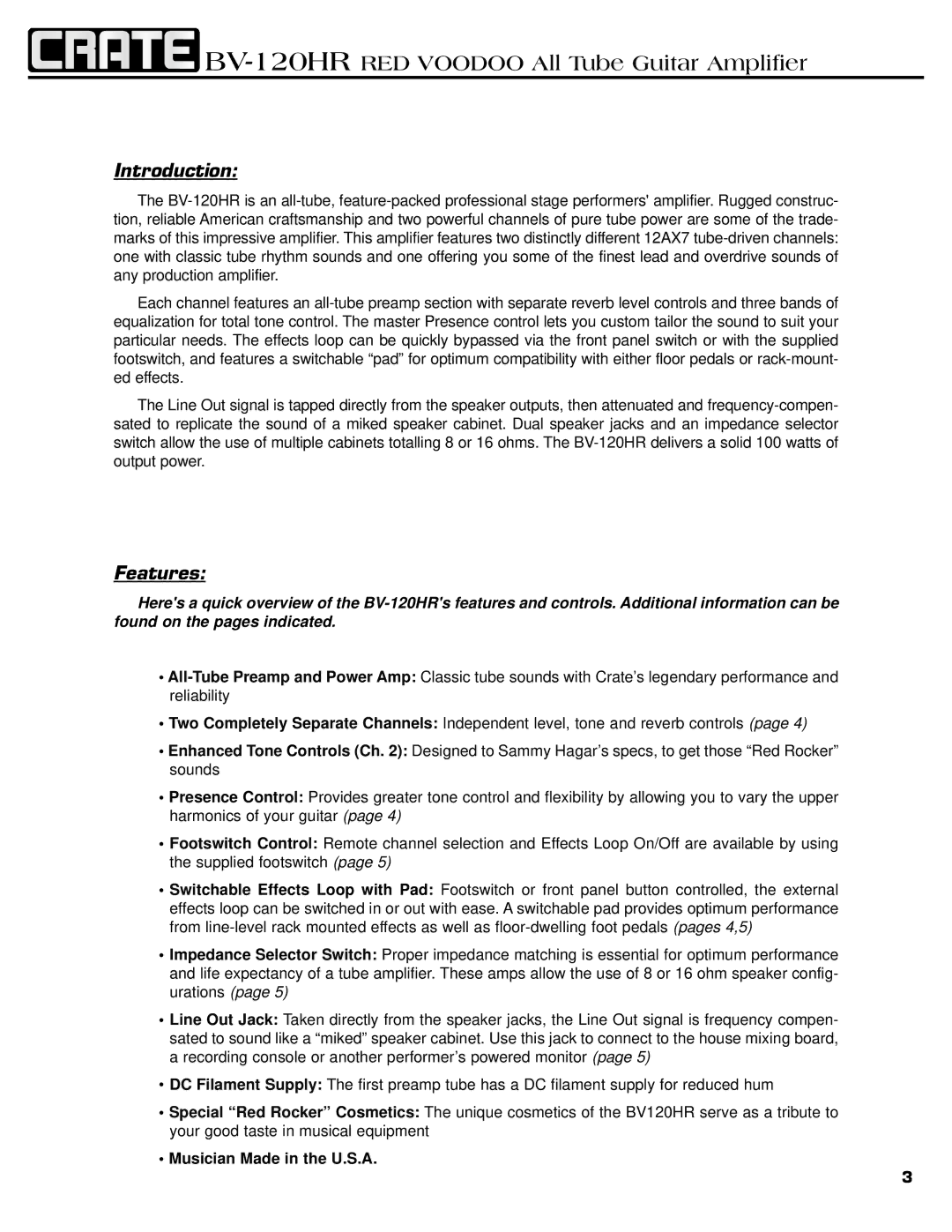 Crate Amplifiers BV-120HR manual Introduction, Features 