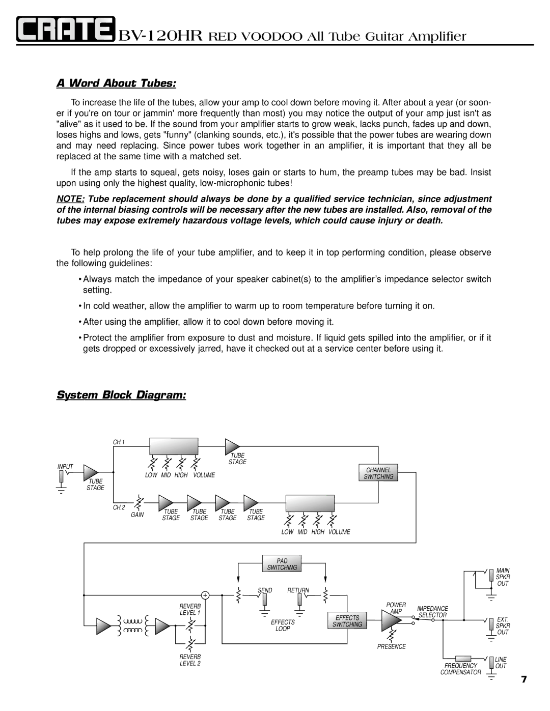 Crate Amplifiers BV-120HR manual Word About Tubes, System Block Diagram 