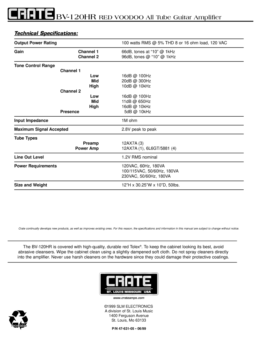 Crate Amplifiers BV-120HR manual Technical Specifications 