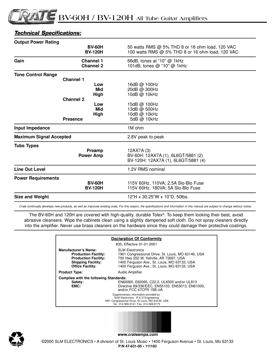 Crate Amplifiers BV-129H, BV-60H manual Technical Specifications, Declaration Of Conformity 