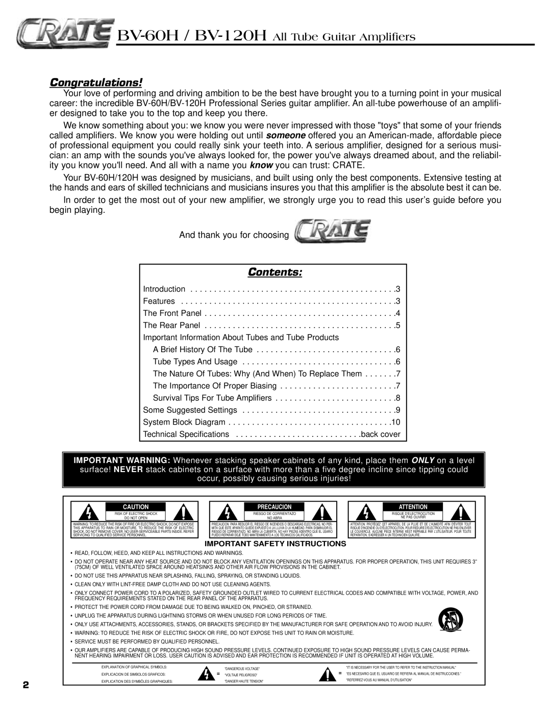 Crate Amplifiers BV-129H, BV-60H manual Congratulations, Contents 