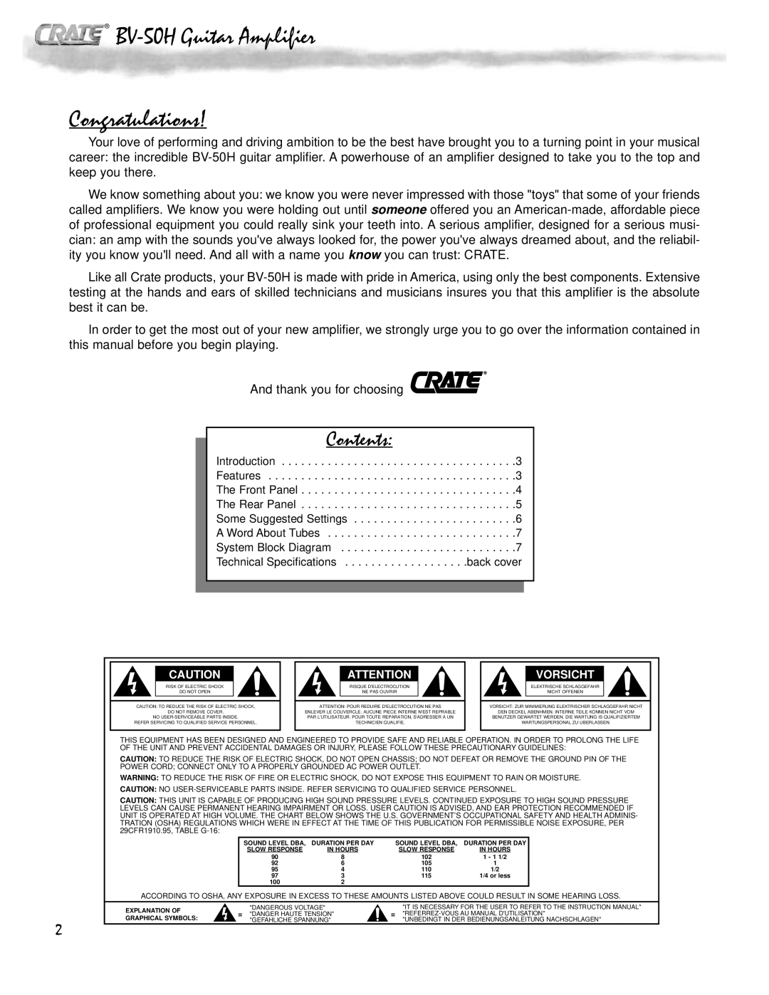 Crate Amplifiers owner manual BV-50H Guitar Amplifier Congratulations, Contents 