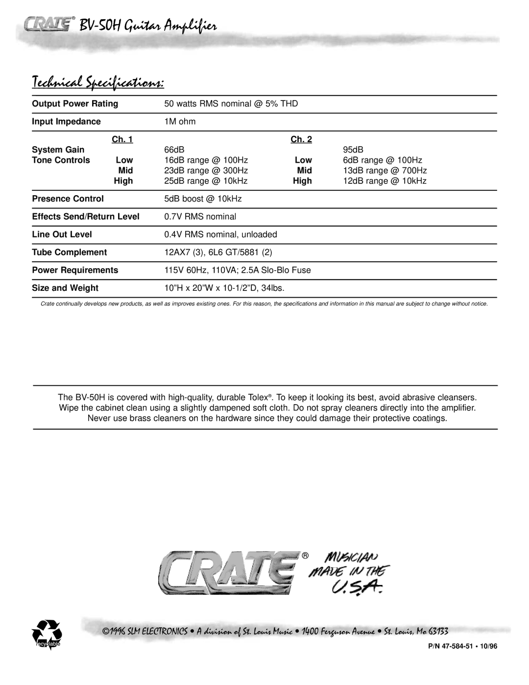 Crate Amplifiers owner manual BV-50H Guitar Amplifier Technical Specifications, Size and Weight 