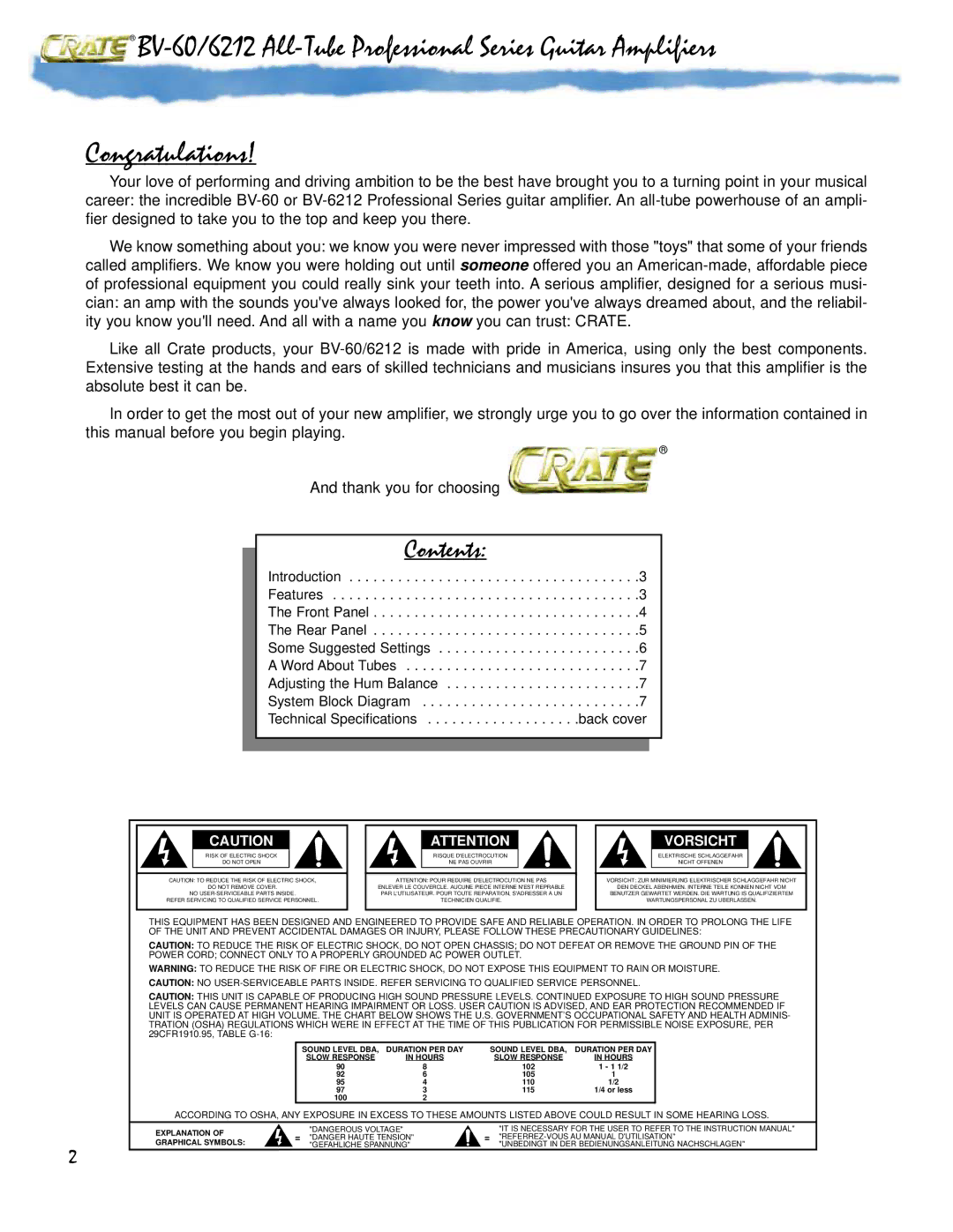 Crate Amplifiers BV-60, BV-6212 owner manual Contents 