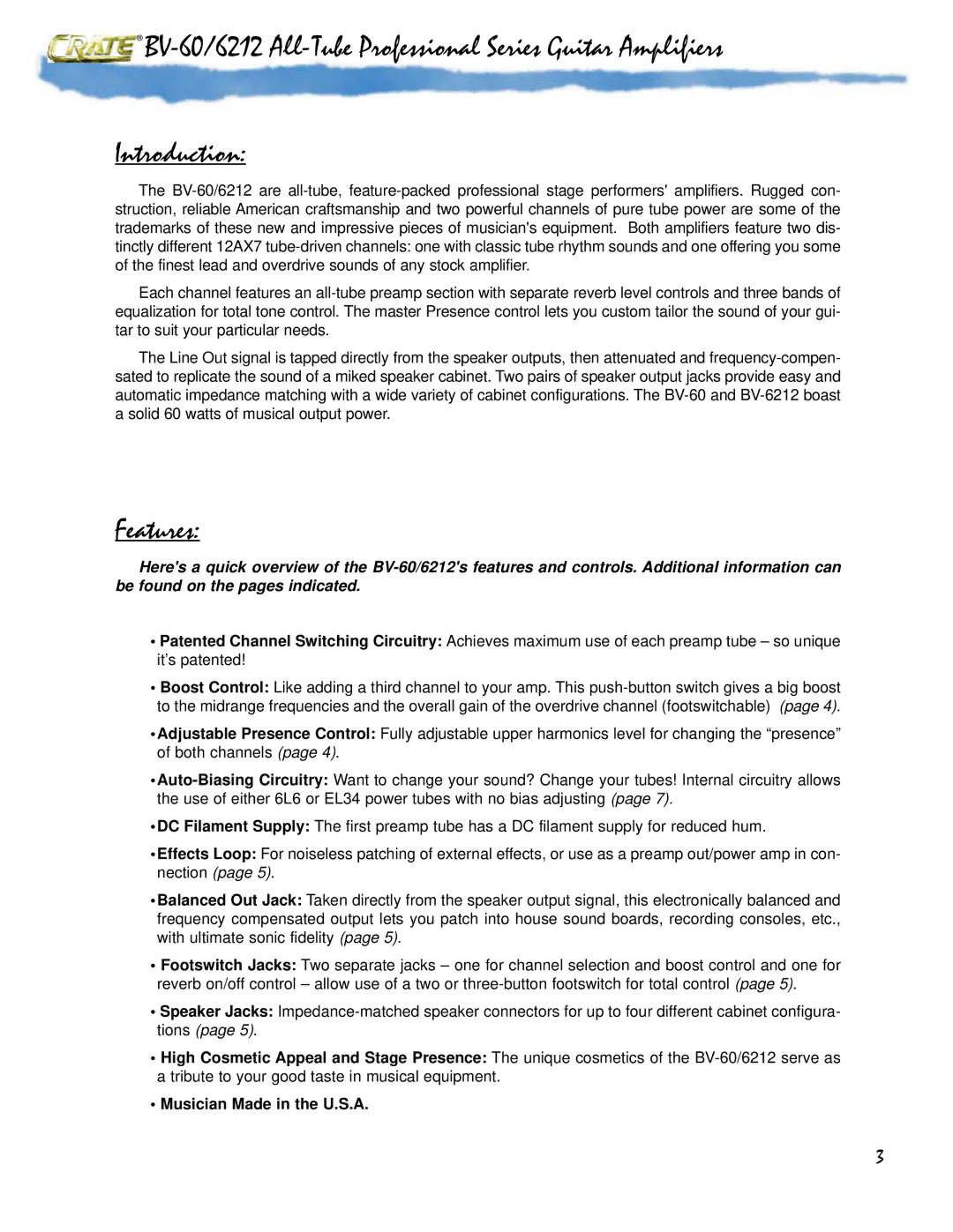 Crate Amplifiers BV-6212, BV-60 owner manual Features 