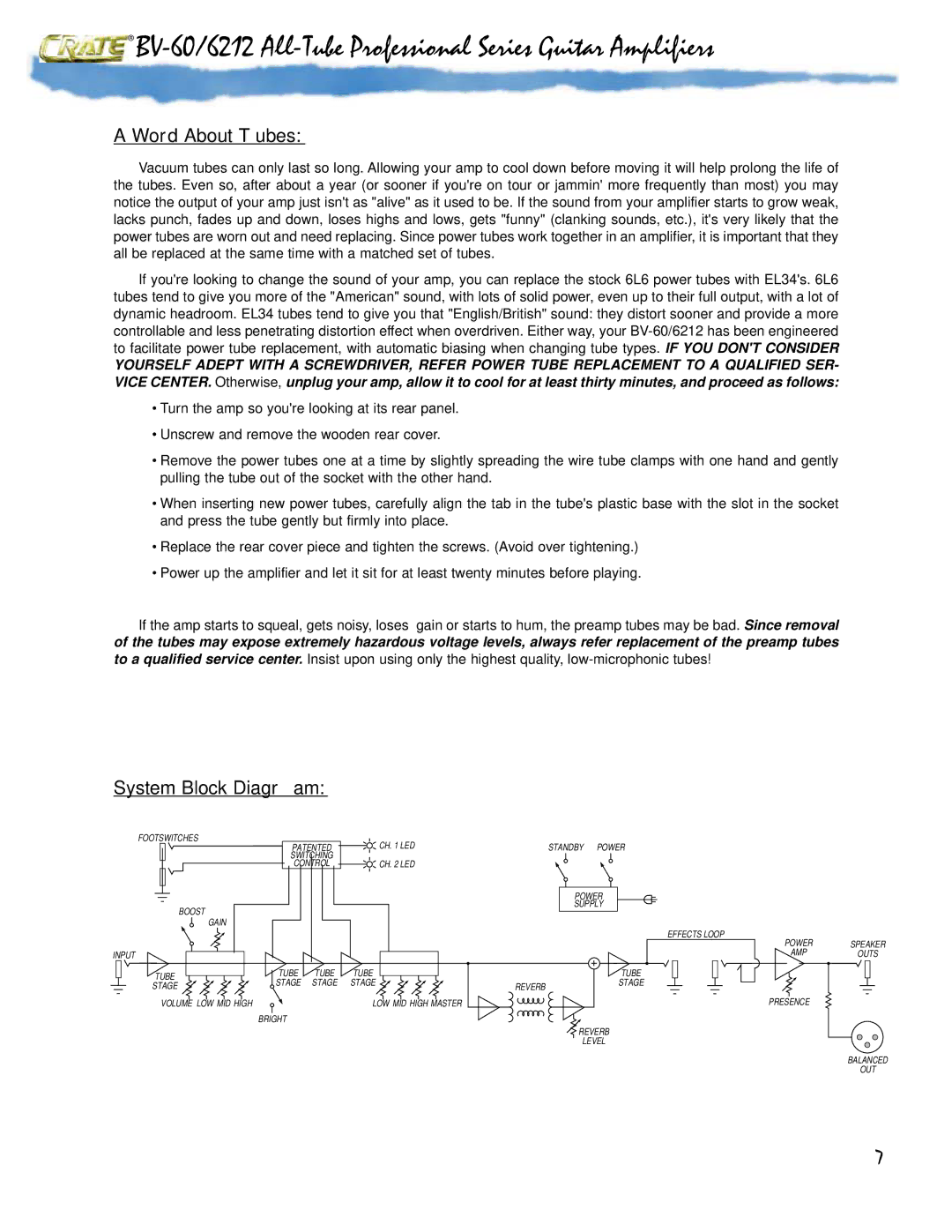 Crate Amplifiers BV-6212, BV-60 owner manual Word About Tubes 