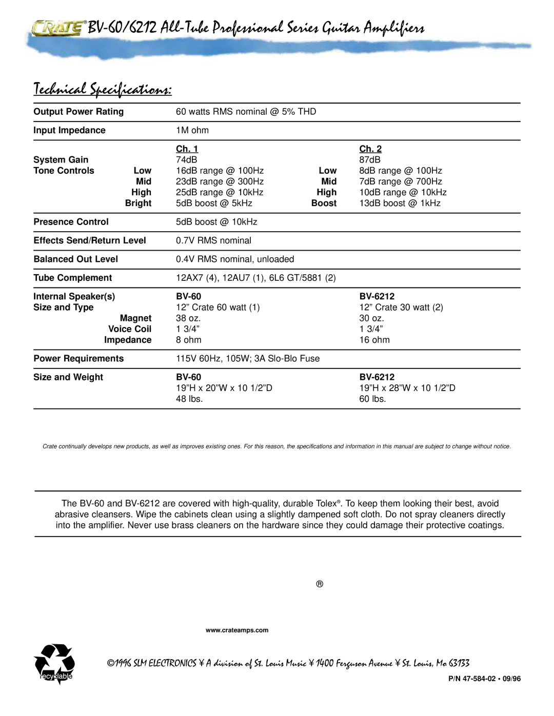 Crate Amplifiers BV-60, BV-6212 owner manual Output Power Rating 