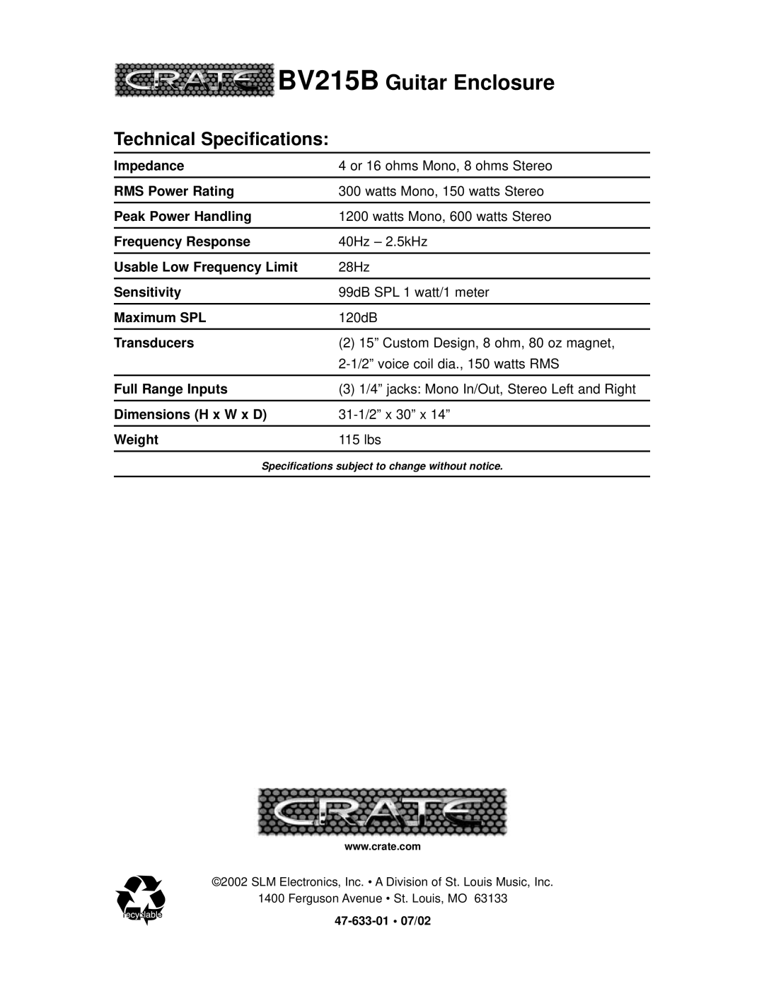 Crate Amplifiers BV215B manual Technical Specifications 