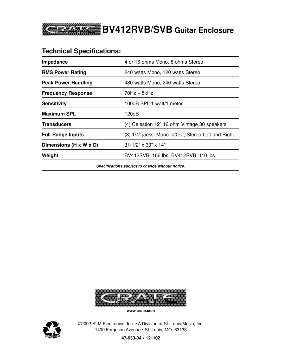 Crate Amplifiers BV412SVB, BV412RVB manual Technical Specifications 