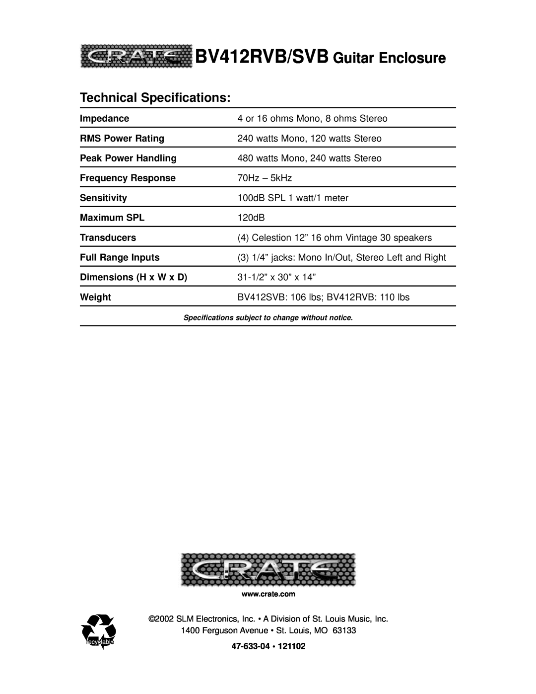 Crate Amplifiers BV412SVB manual BV412RVB/SVB Guitar Enclosure, Technical Specifications 