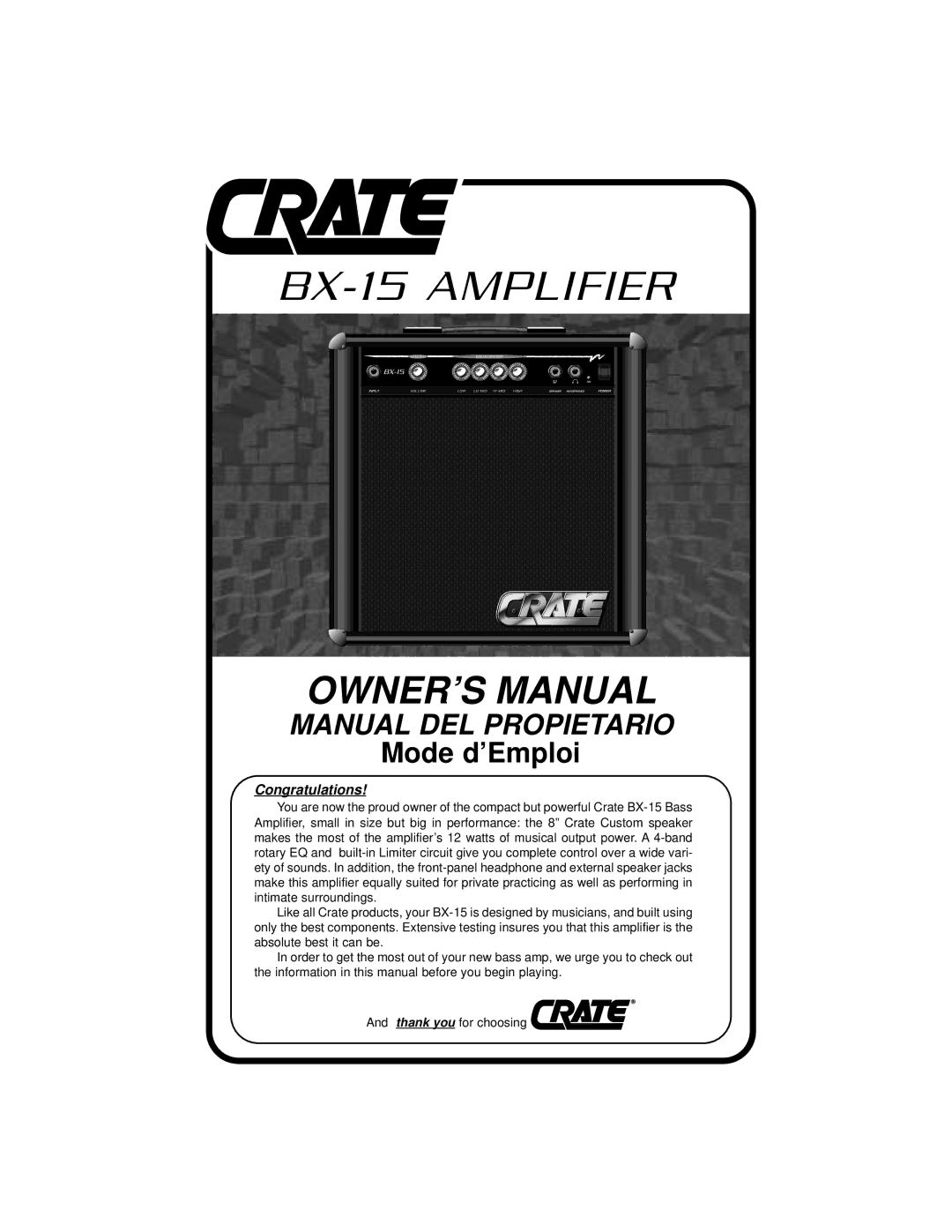 Crate Amplifiers owner manual BX-15 Amplifier 