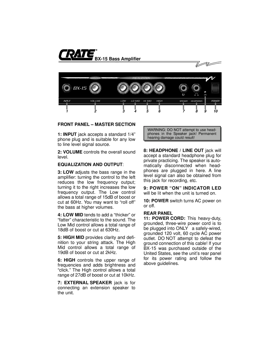 Crate Amplifiers BX-15 owner manual Front Panel Master Section 