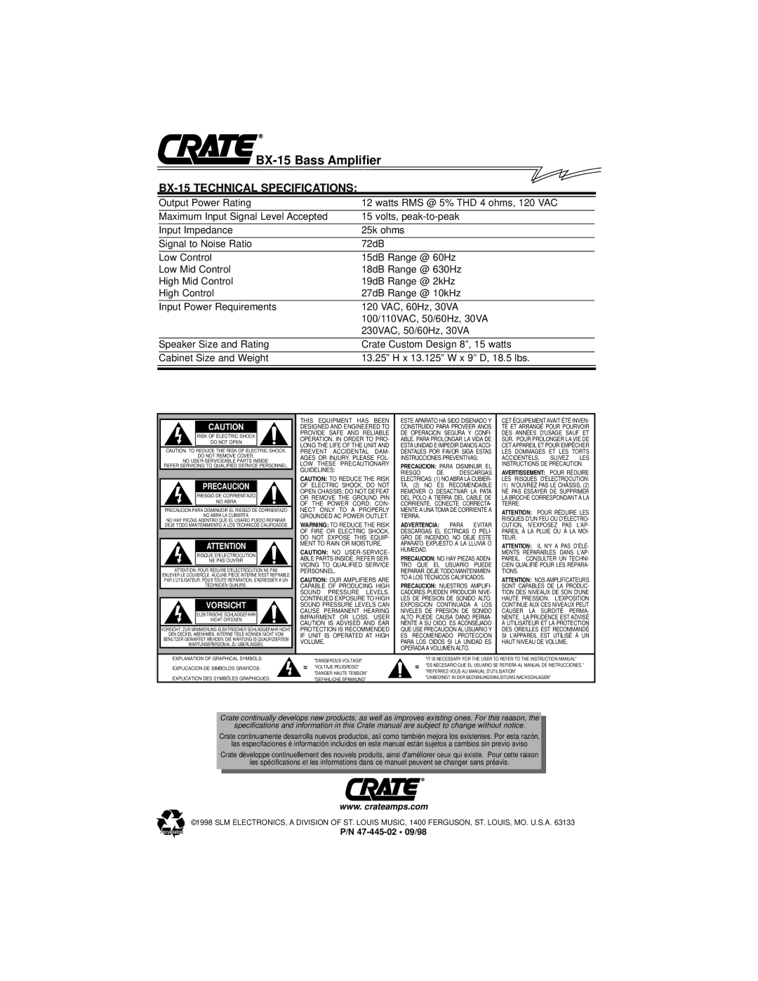 Crate Amplifiers owner manual BX-15 Technical Specifications, Precaucion 