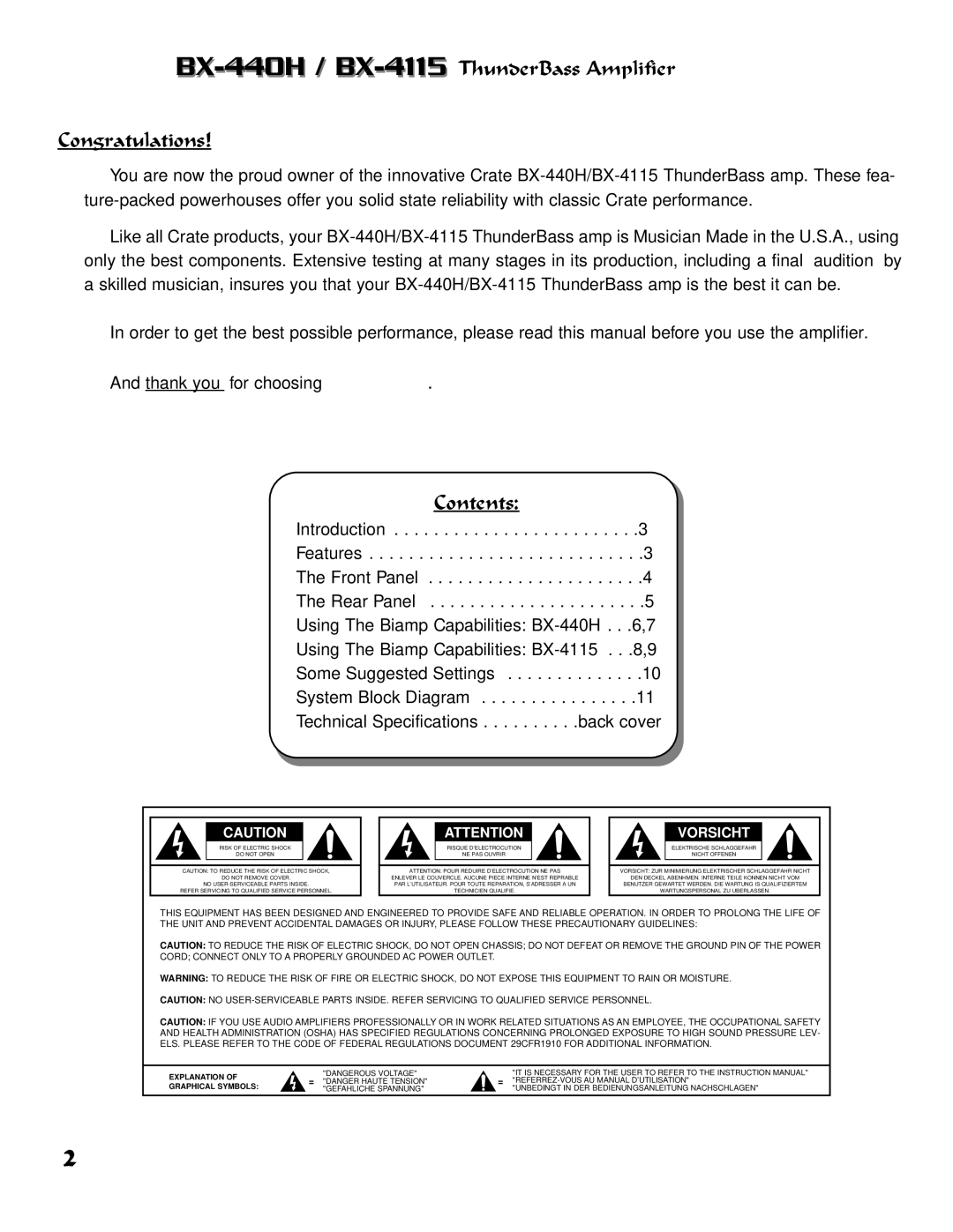 Crate Amplifiers owner manual BX-440H /BX-4115ThunderBass Amplifier Congratulations, Contents 