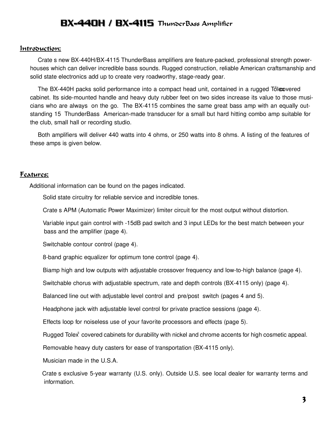 Crate Amplifiers owner manual BX-440H /BX-4115ThunderBass Amplifier Introduction, Features 