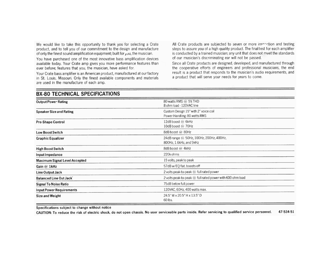 Crate Amplifiers BX-80 manual 
