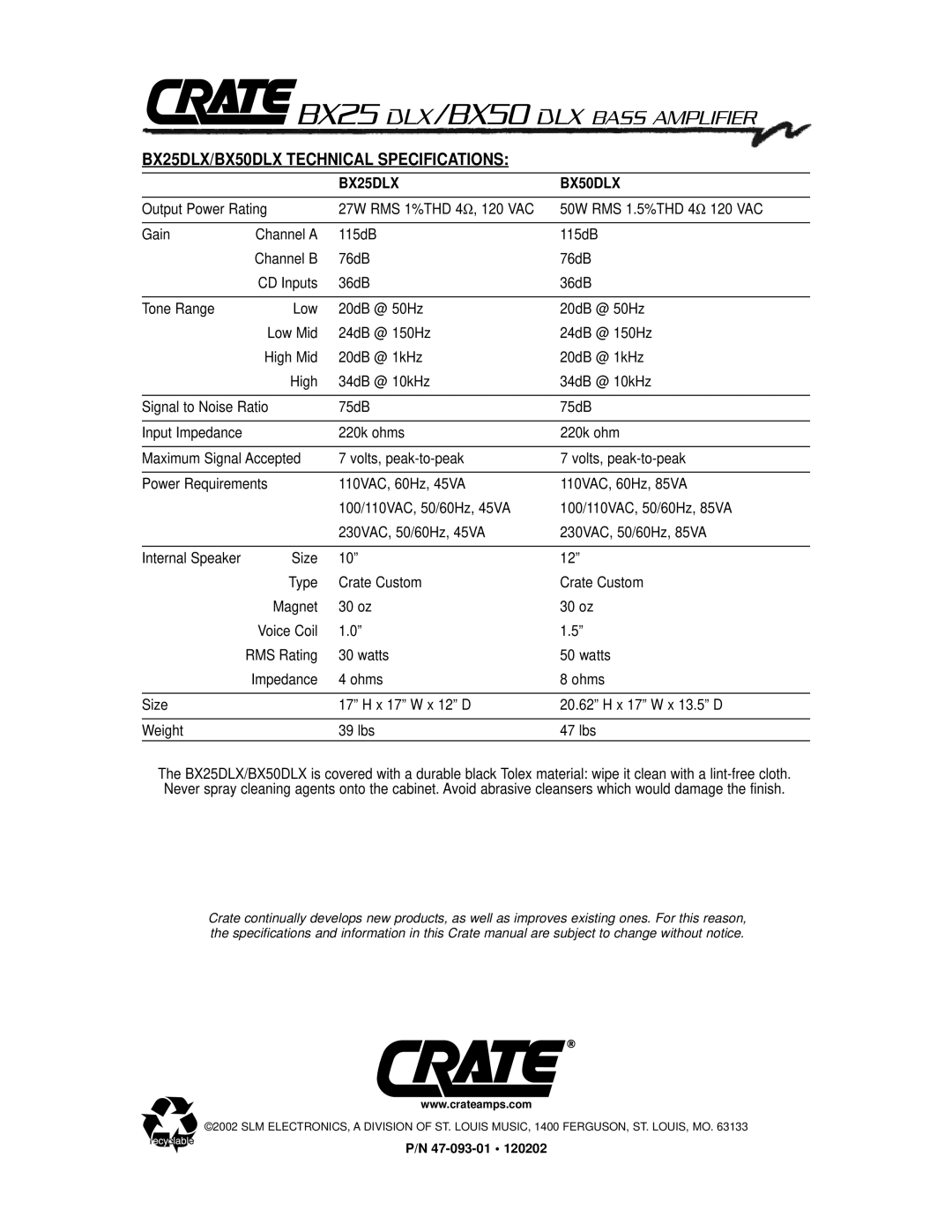 Crate Amplifiers BX50 DLX manual BX25DLX/BX50DLX Technical Specifications, BX25DLX BX50DLX 