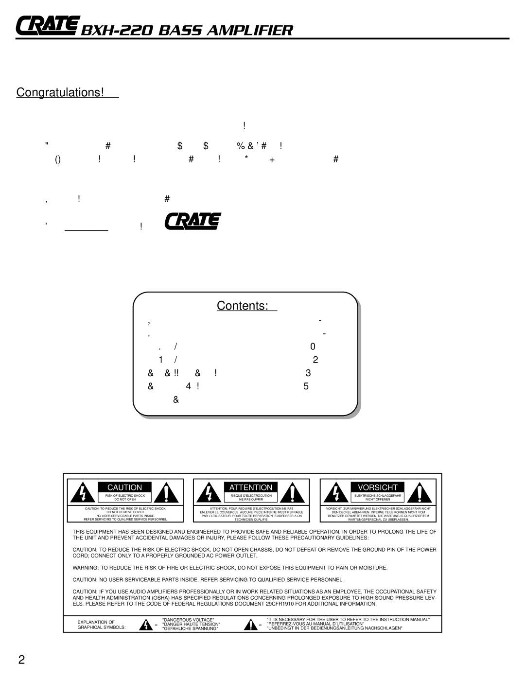 Crate Amplifiers BXH-220 owner manual Congratulations, Contents 