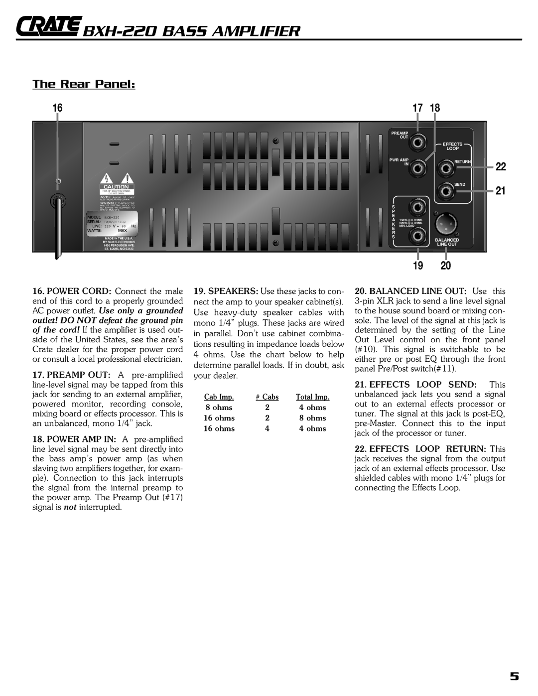 Crate Amplifiers BXH-220 owner manual Rear Panel, Loop 