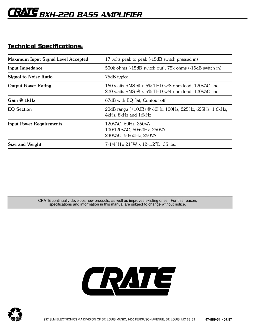 Crate Amplifiers BXH-220 owner manual Technical Specifications, Size and Weight 