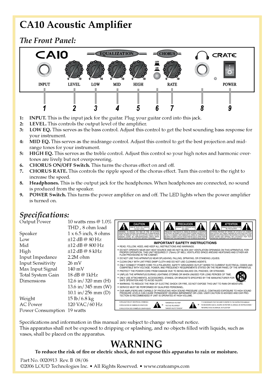 Crate Amplifiers CA10 LEVEL. This controls the output level of the amplifier, THD , 8 ohm load, Speaker, 10.1 in/256 mm D 