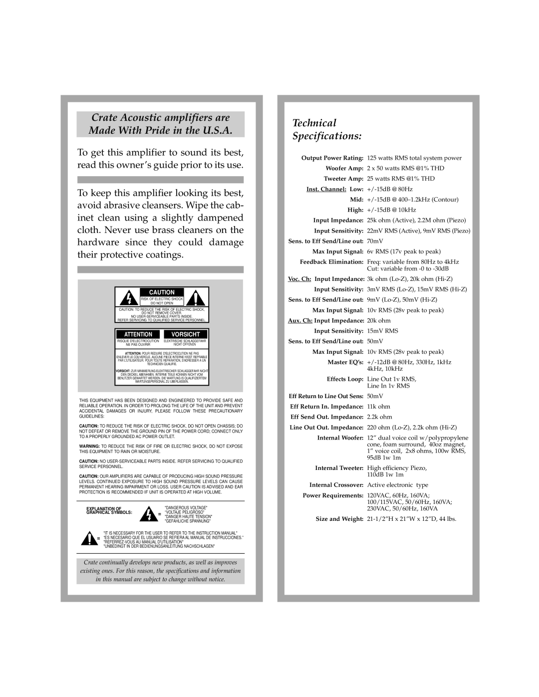 Crate Amplifiers CA112 manual Crate Acoustic amplifiers are Made With Pride in the U.S.A, Technical Specifications 