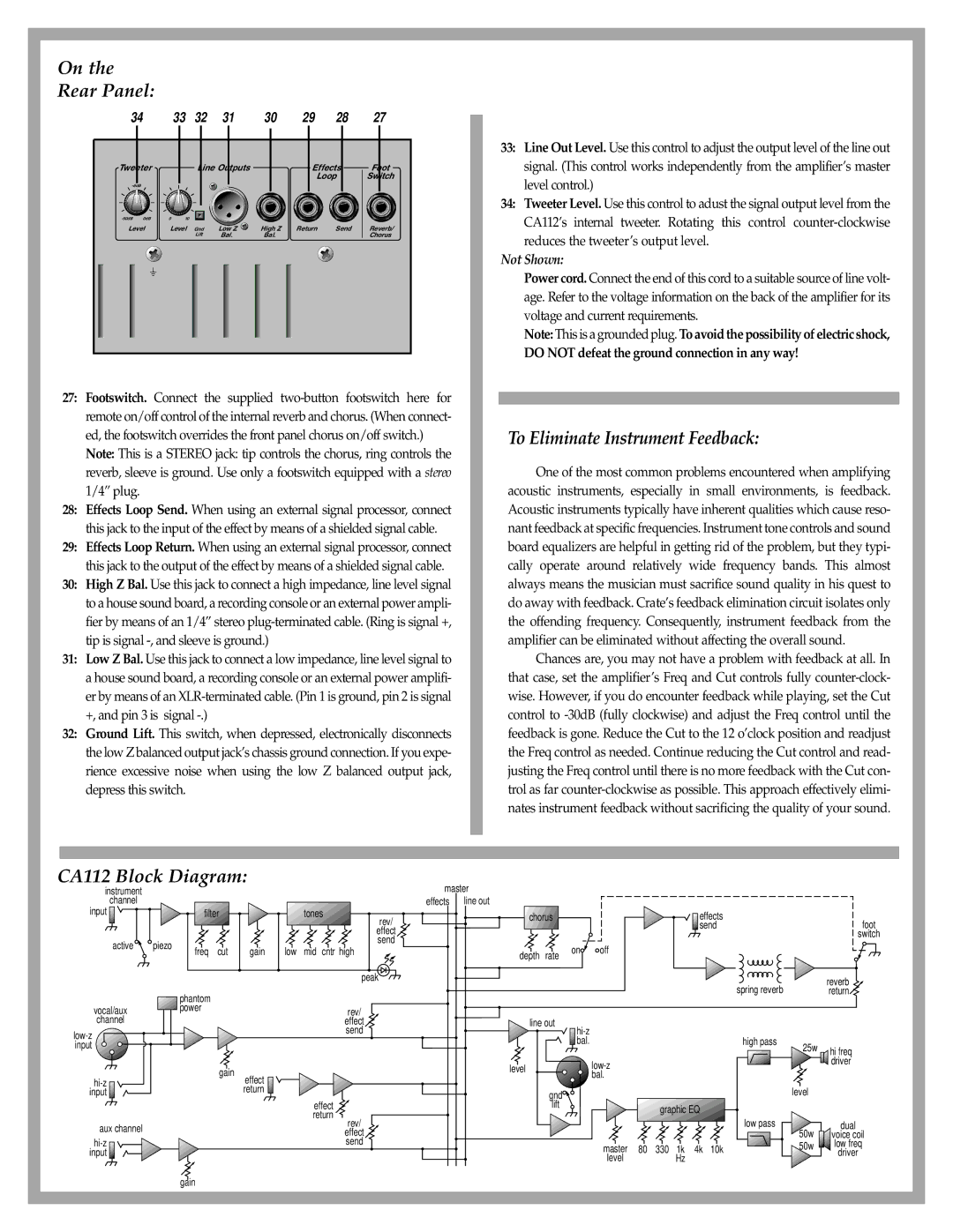 Crate Amplifiers manual Rear Panel, To Eliminate Instrument Feedback, CA112 Block Diagram, Not Shown 