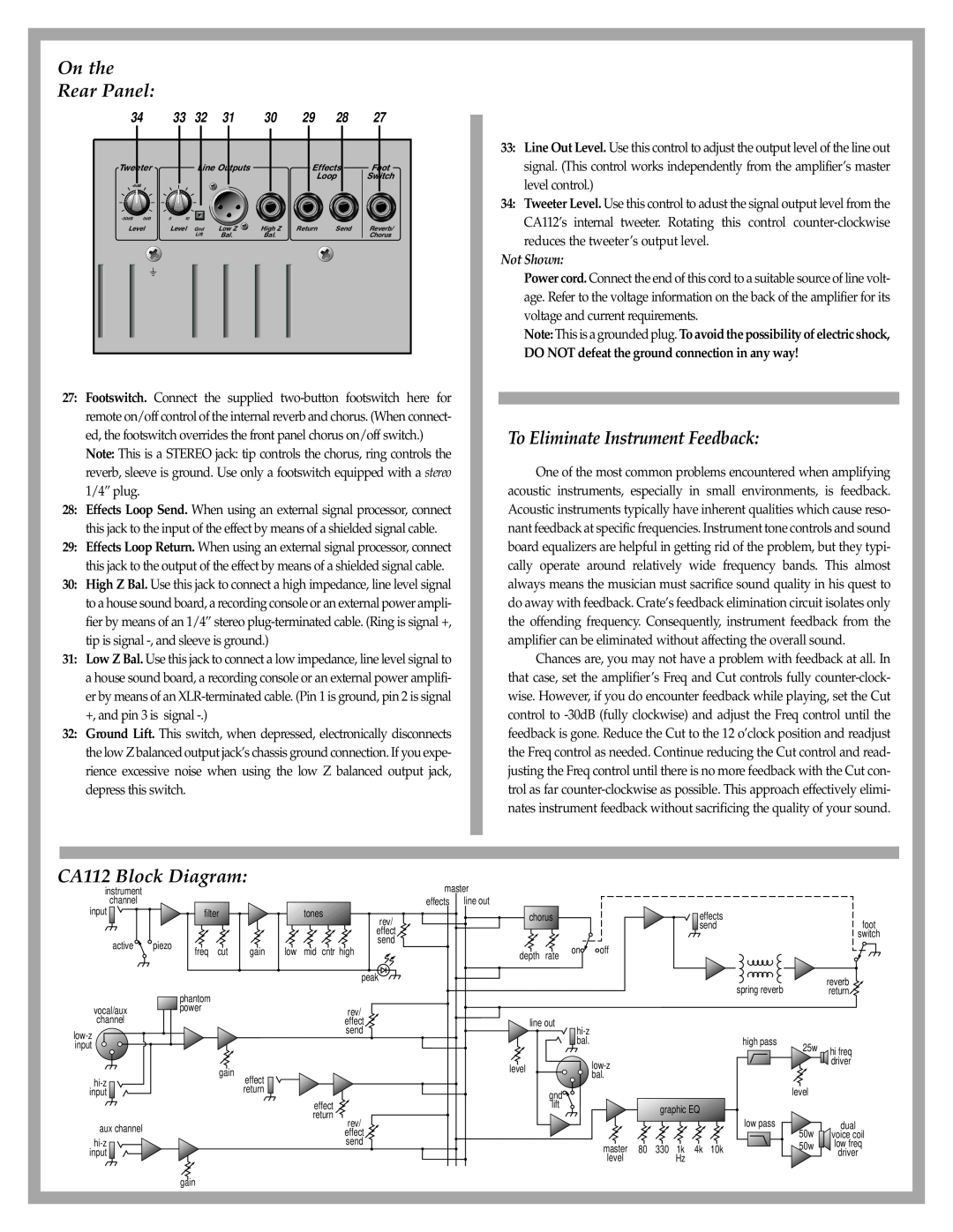 Crate Amplifiers manual On the Rear Panel, To Eliminate Instrument Feedback, CA112 Block Diagram, Not Shown 