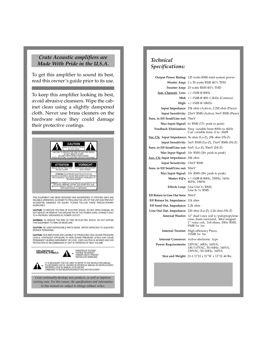 Crate Amplifiers CA112D manual Crate Acoustic amplifiers are Made With Pride in the U.S.A, Technical Specifications 