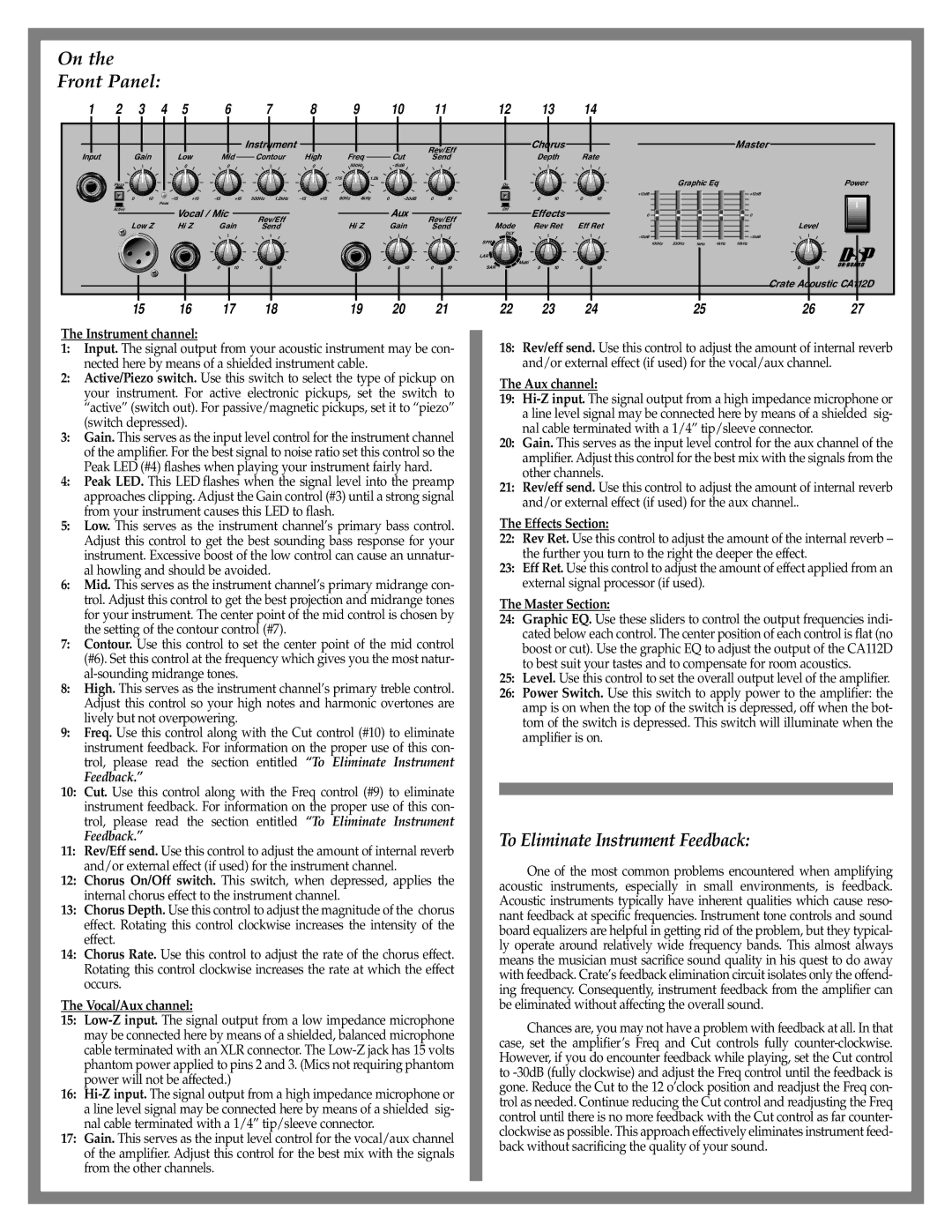 Crate Amplifiers CA112D manual Front Panel, To Eliminate Instrument Feedback 