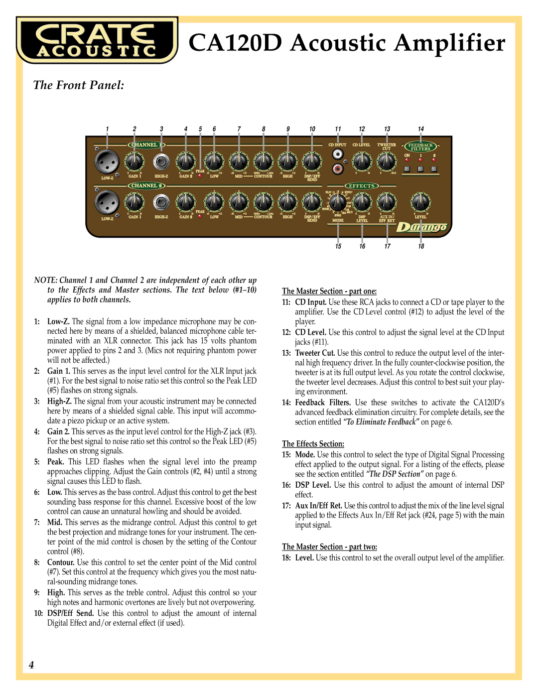 Crate Amplifiers CA120D manual Front Panel, Master Section part one, Effects Section, Master Section part two 