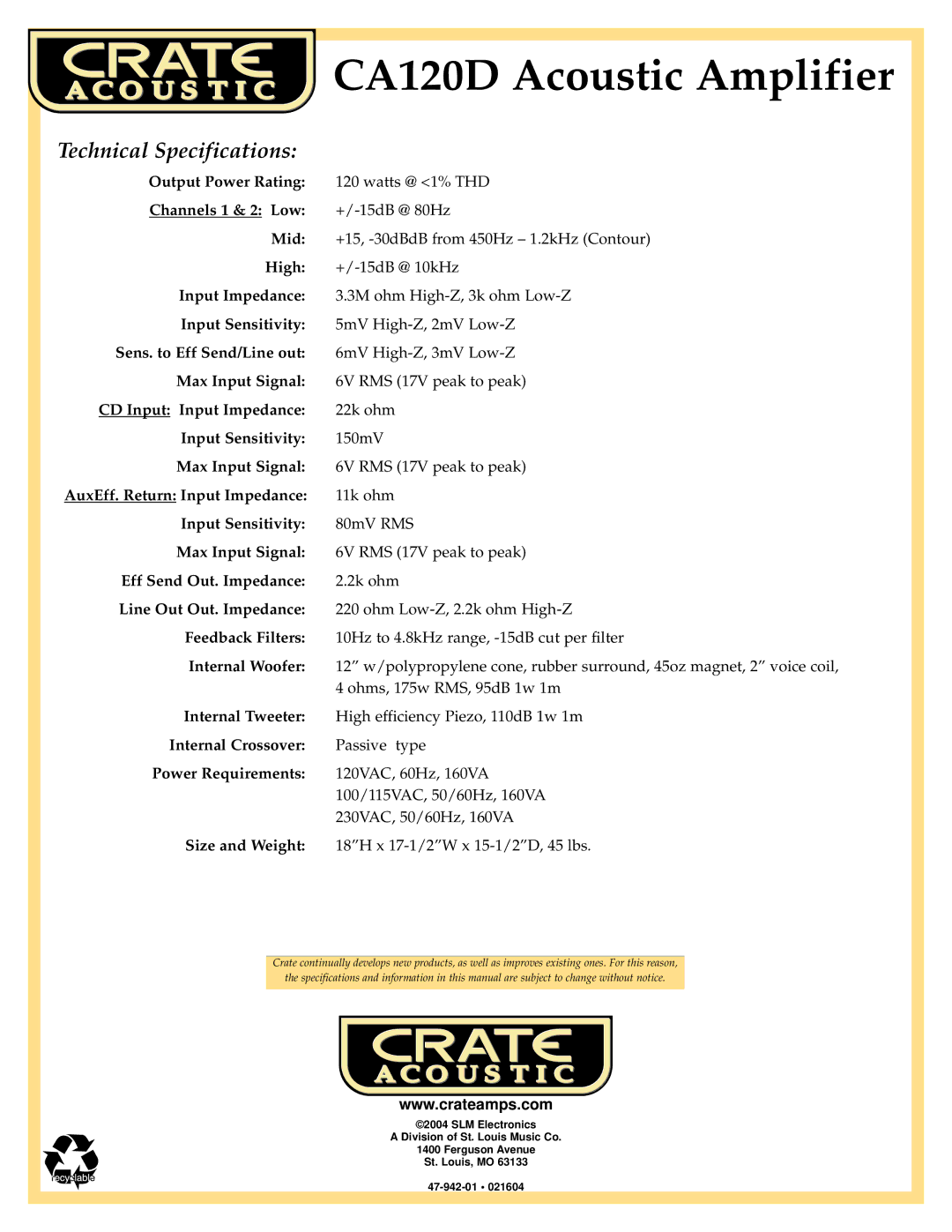 Crate Amplifiers CA120D manual Technical Specifications 