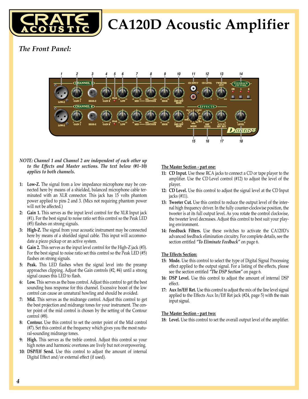 Crate Amplifiers manual The Front Panel, CA120D Acoustic Amplifier, The Master Section - part one, The Effects Section 