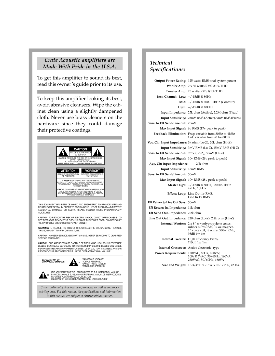 Crate Amplifiers CA125 manual Crate Acoustic amplifiers are Made With Pride in the U.S.A, Technical Specifications 