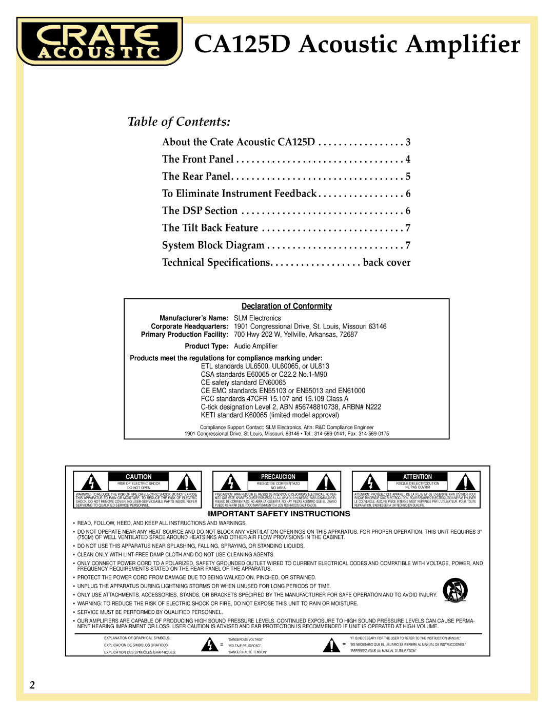 Crate Amplifiers manual CA125D Acoustic Amplifier, Table of Contents 