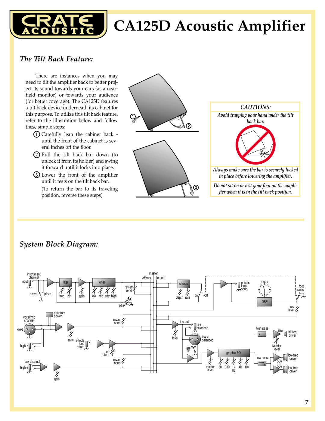 Crate Amplifiers CA125D manual Tilt Back Feature, System Block Diagram 