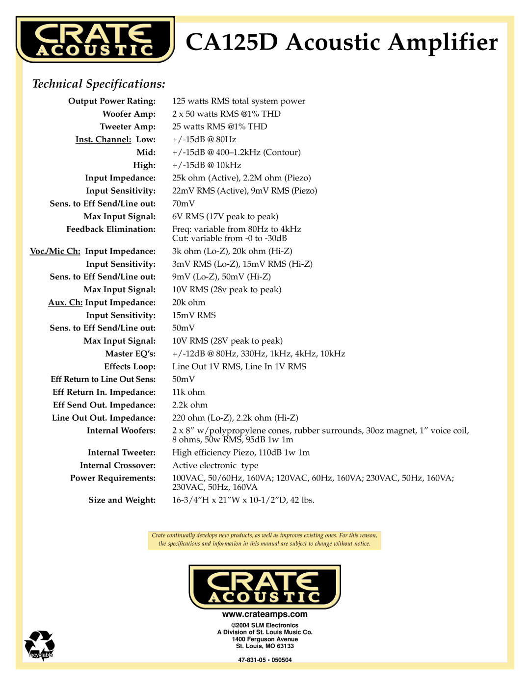 Crate Amplifiers CA125D manual Technical Specifications, Internal Woofers 