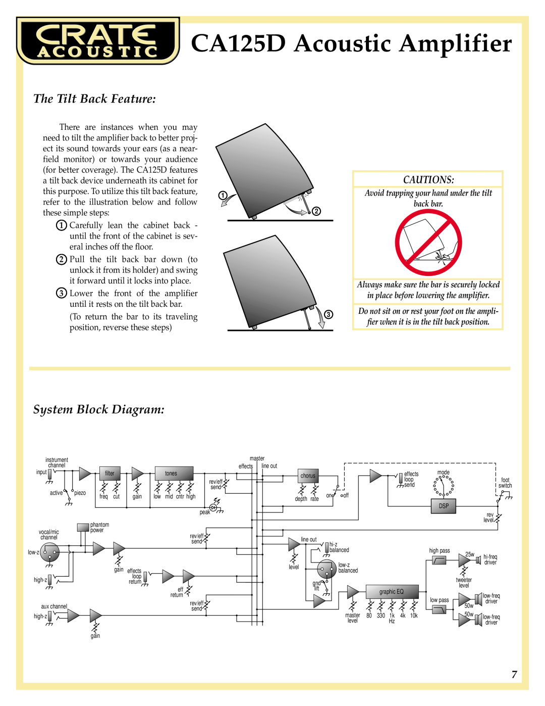 Crate Amplifiers manual The Tilt Back Feature, System Block Diagram, Cautions, CA125D Acoustic Amplifier 
