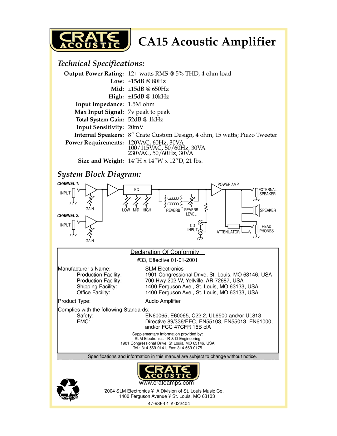 Crate Amplifiers CA15 manual Technical Specifications, System Block Diagram, Emc 