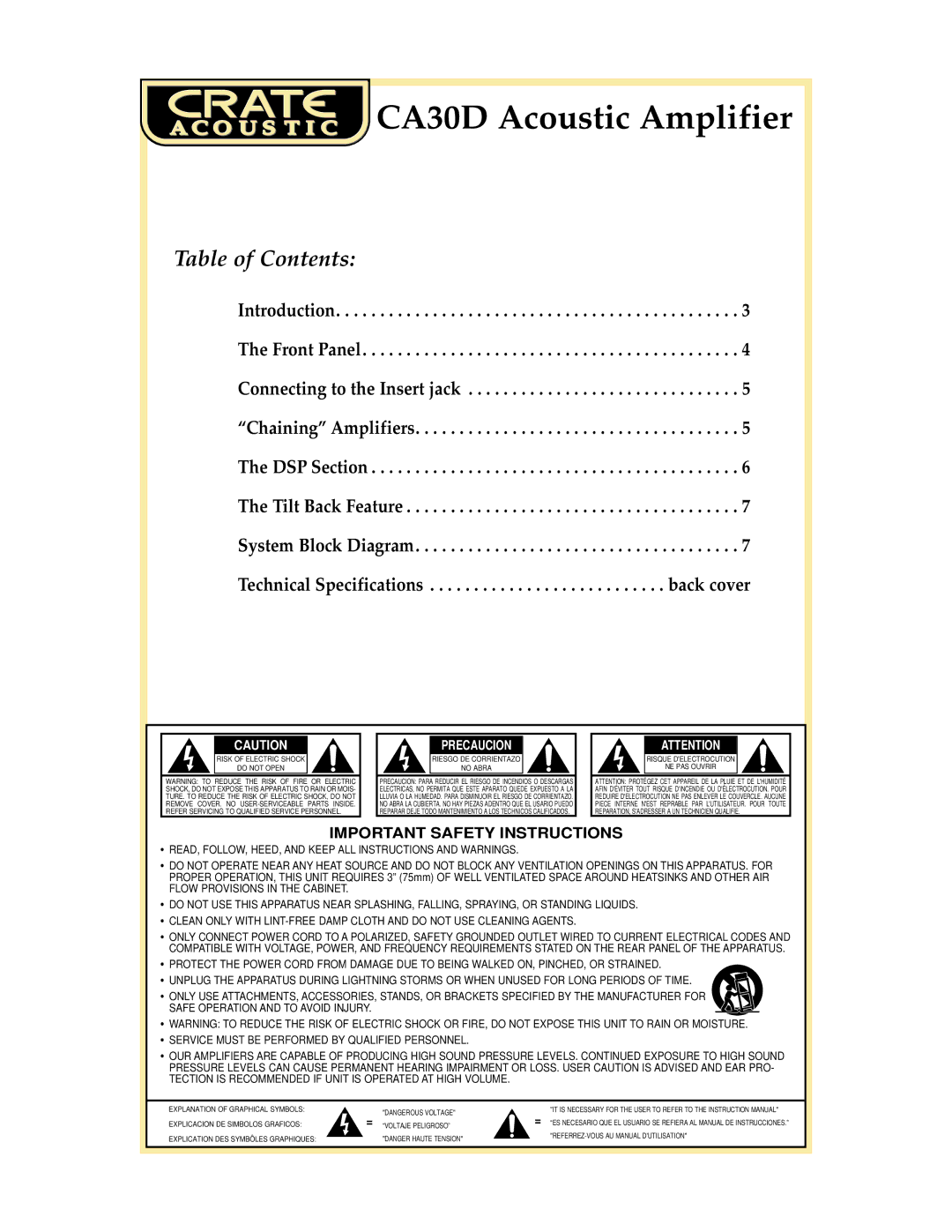 Crate Amplifiers CA30 DG manual CA30D Acoustic Amplifier, Table of Contents 