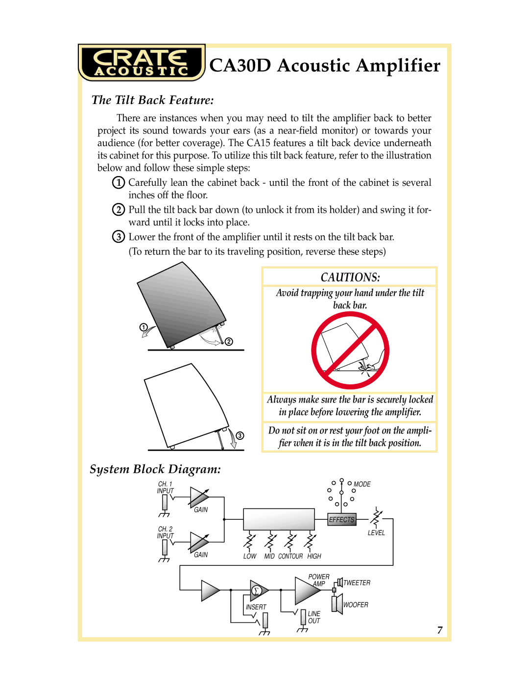 Crate Amplifiers CA30 DG manual Tilt Back Feature, System Block Diagram 