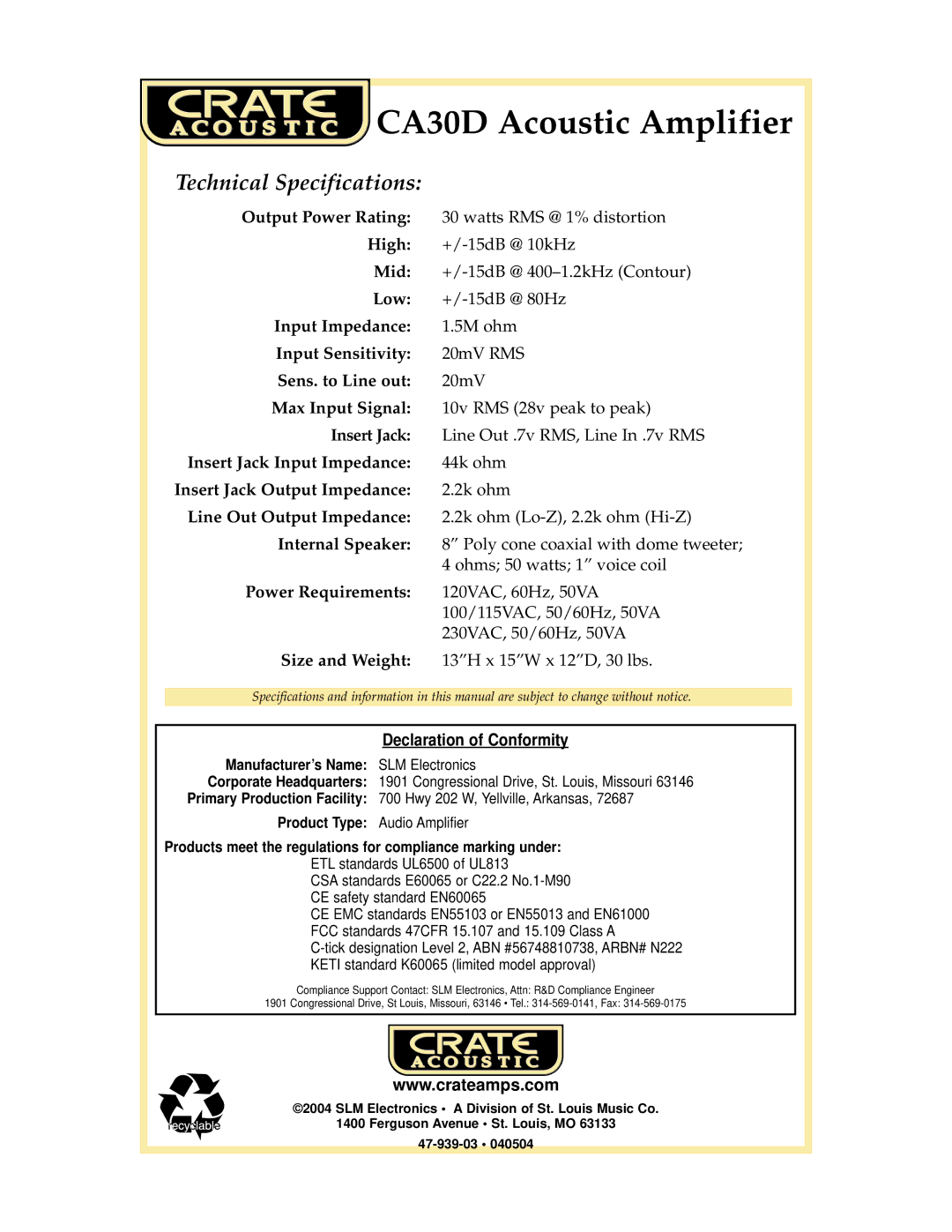 Crate Amplifiers CA30 DG manual Technical Specifications, Declaration of Conformity 