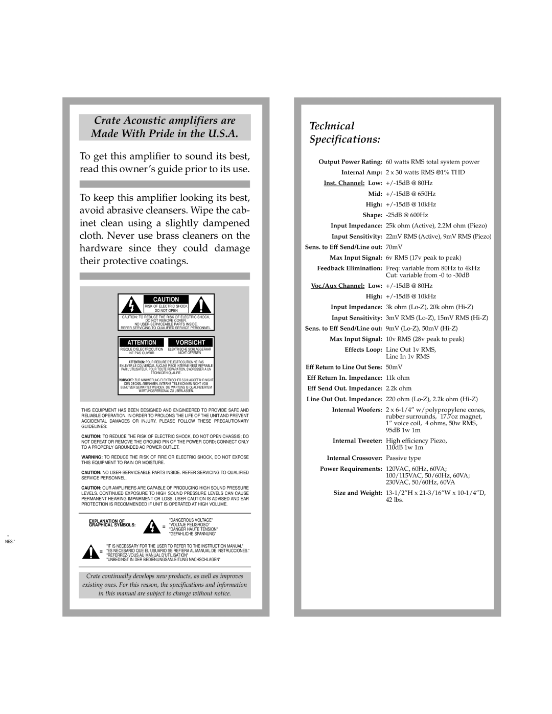 Crate Amplifiers CA60 manual Crate Acoustic amplifiers are Made With Pride in the U.S.A, Technical Specifications 