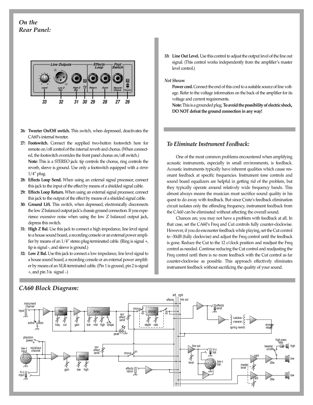 Crate Amplifiers manual Rear Panel, To Eliminate Instrument Feedback, CA60 Block Diagram, Not Shown 