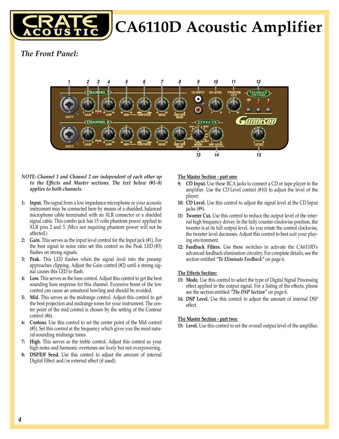 Crate Amplifiers CA6110D manual Front Panel, Master Section part one, Effects Section, Master Section part two 