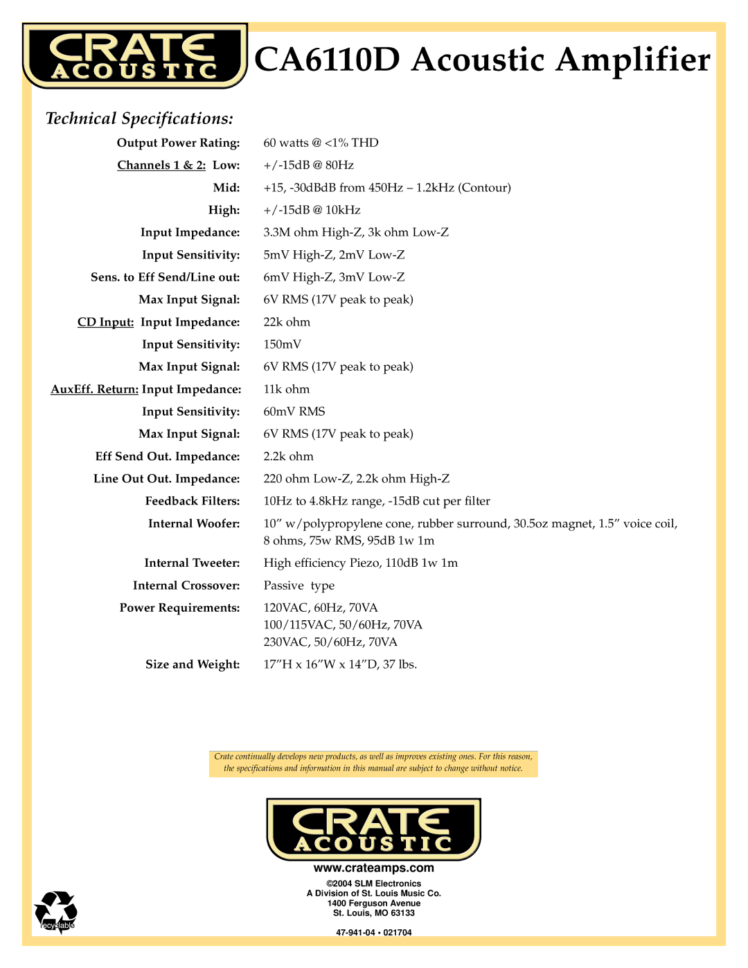 Crate Amplifiers CA6110D manual Technical Specifications 