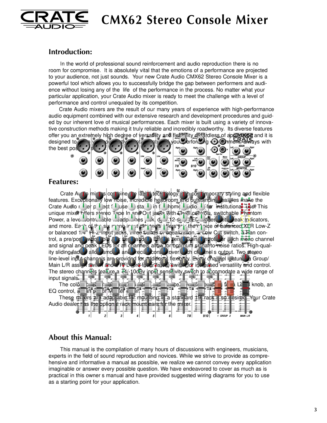 Crate Amplifiers CMX62 manual Introduction, Features, About this Manual 